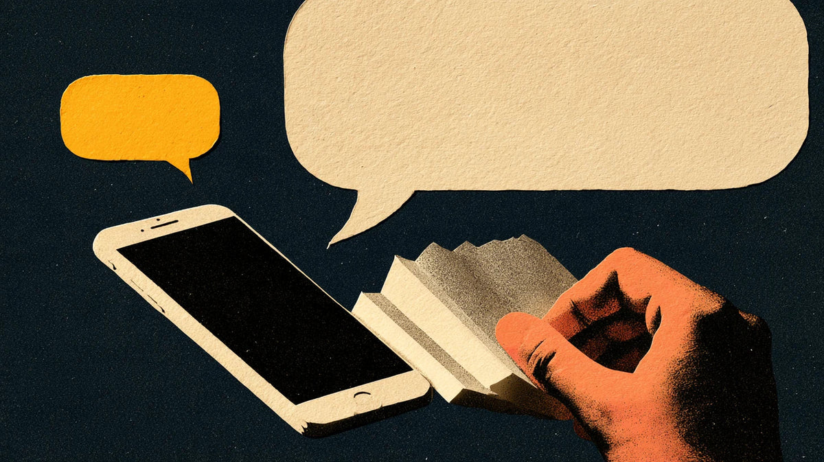 Paper-cut illustration of a phone, a hand folding accordion paper, and small yellow and oversized cream speech bubbles.