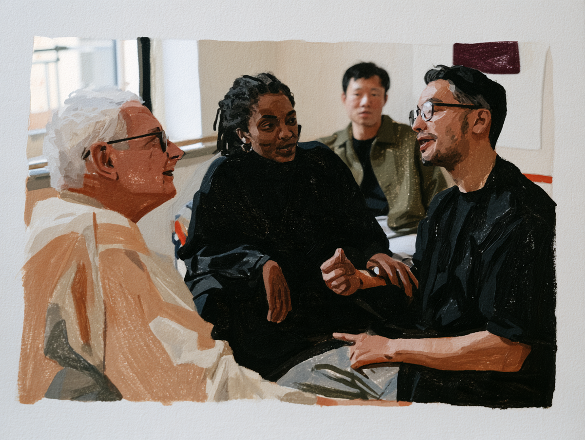 A clinician speaks with an older patient and two others during a serious healthcare conversation.