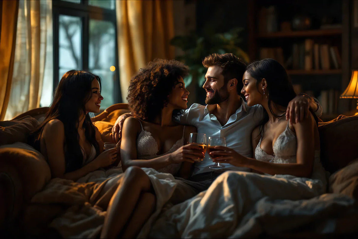 A stylish mixed-race couple enjoying drinks on a cozy couch with two beautiful women, sharing laughter and deep conversation in a warm, intimate setting hinting at a threesome.