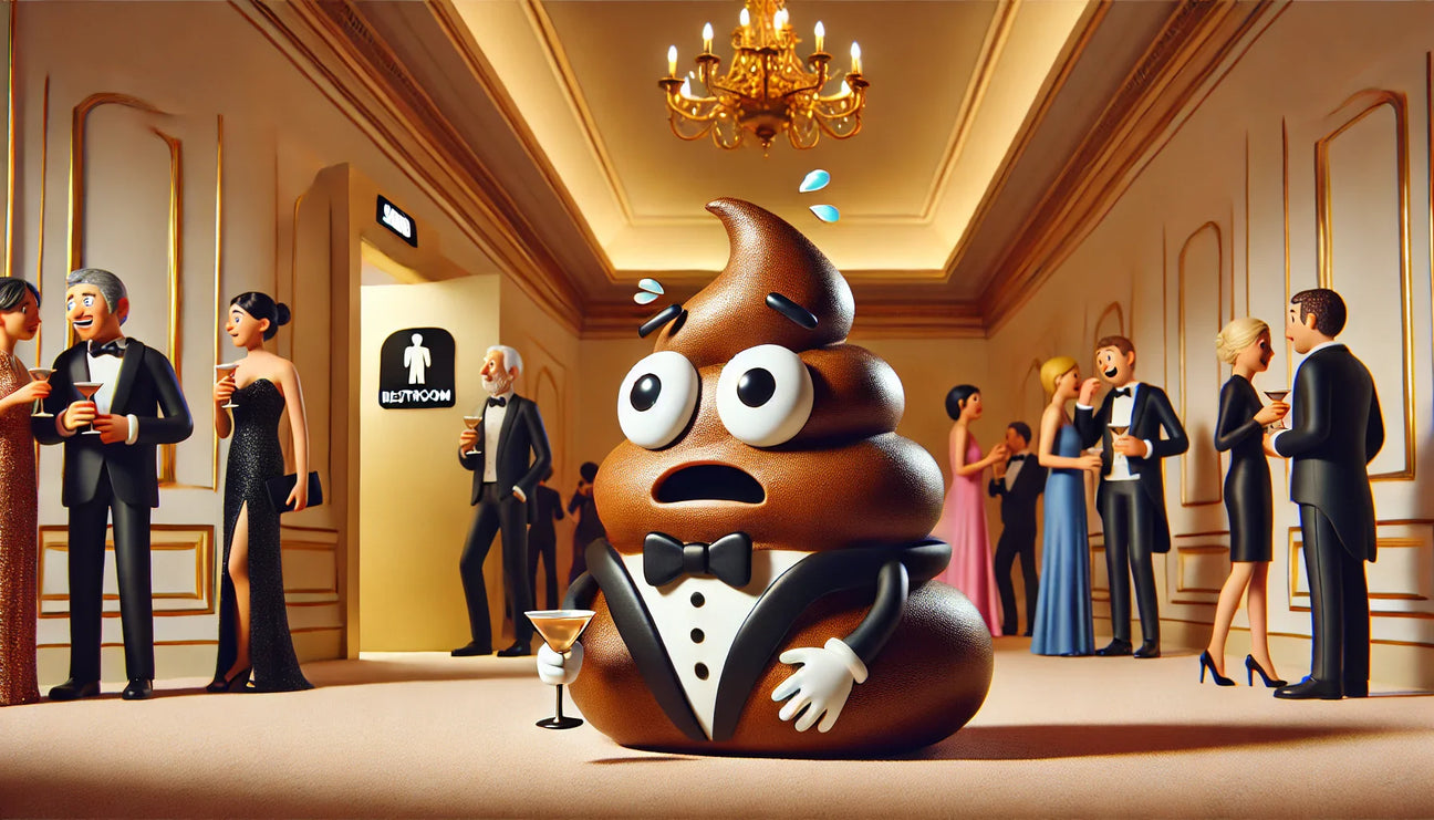 Poop emoji in tuxedo with panicked expression holding martini at fancy event, restroom door glowing in the background.