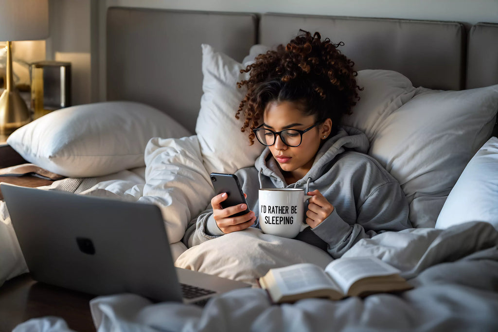 Young woman relaxing in bed holding a white mug with the phrase "I’d Rather Be Sleeping" while using her phone