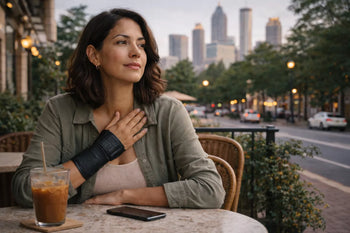 Alt text: Thoughtful young woman with an ethnically ambiguous appearance sits at an outdoor café in Atlanta, hand resting lightly on her chest as she gazes into the distance; a phone on the table hints at quiet anticipation.