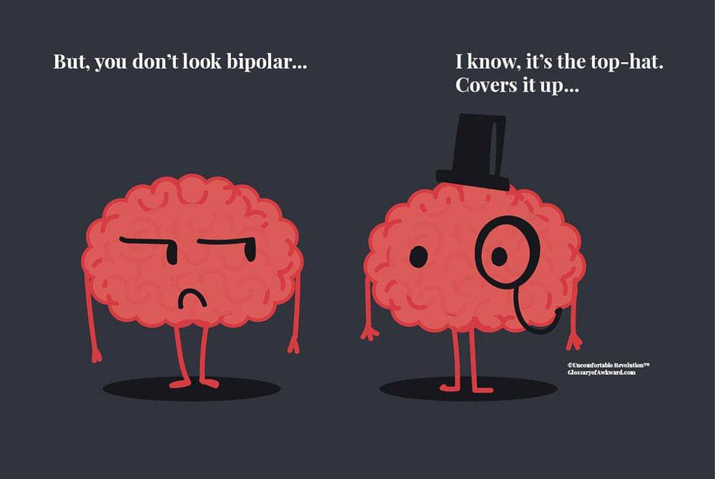 Cartoon of two brains on topic of gaslighting and bipolar disorder. The one on the left says 