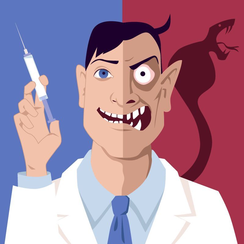 How to calm white coat syndrome - Illustrated Portrait of a doctor with a syringe, his face divided into a good side (blue background) and an evil side (red background). The evil side of his face has the shadow of a snake on the wall behind him.