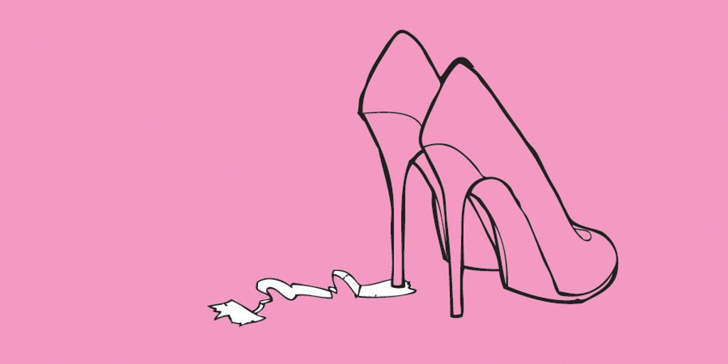 Funny IBS stories: a pink illustration of a pair of a high heeled shoes, with some toilet paper stuck to the bottom of the heel.
