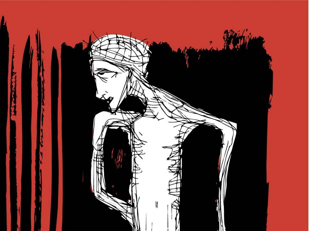 Black-and-white sketch of a person resting their chin on one hand against a red and black background.