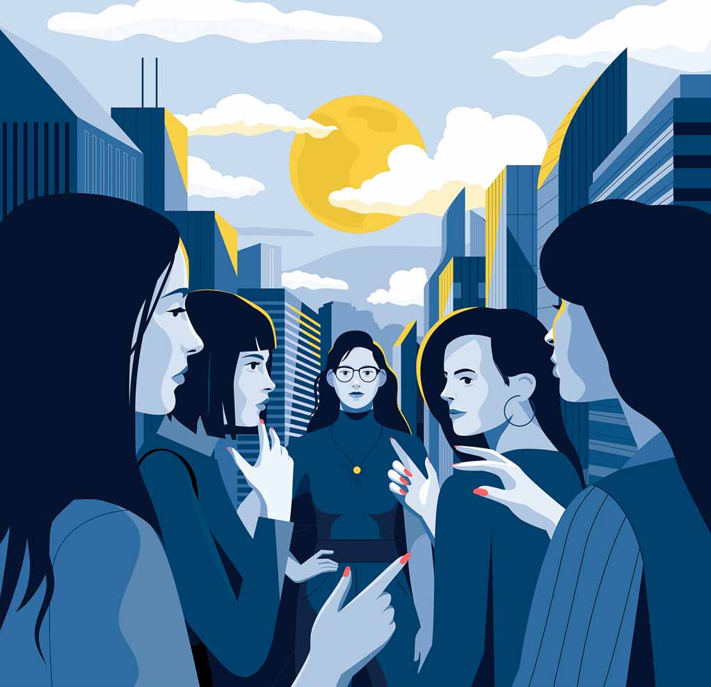 An illustration of why ableist language is harmful. In the centre of the illustration a woman is staring silently ahead, a group of women are talking in front of her to each other excluding her from their conversation.
