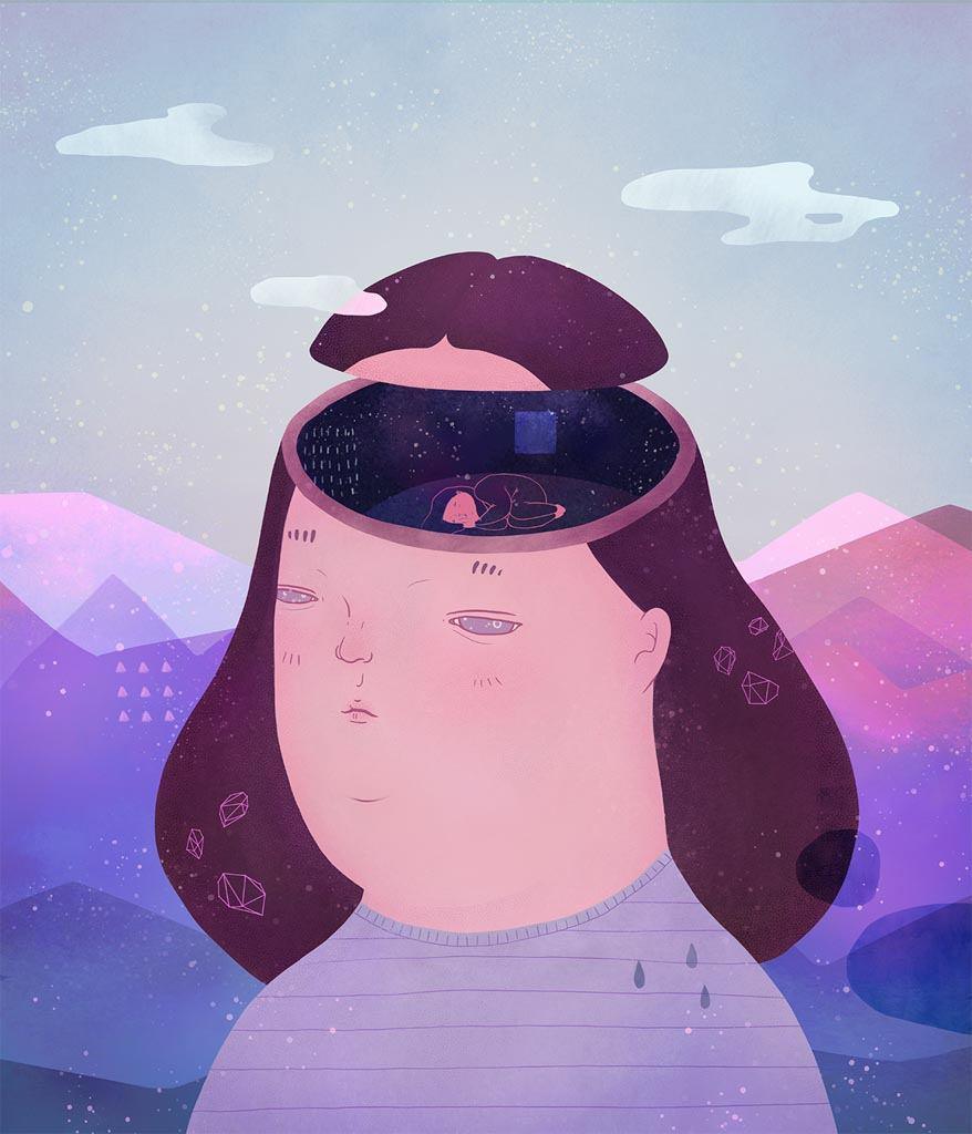 An illustration of a person awake with their skull open, Inside the skull we can a miniature version of the asleep. Image for an article on how help someone with narcolepsy.