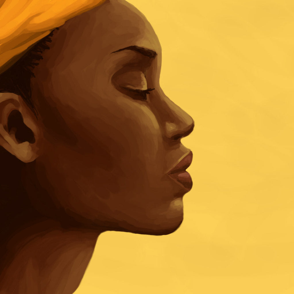 Chronic illness and shame: this is an illustration of the right side of a Black person's face set against a yellow sky. Their eyes are closed, deep in thought. They are wearing a dark yellow scarf on their head.