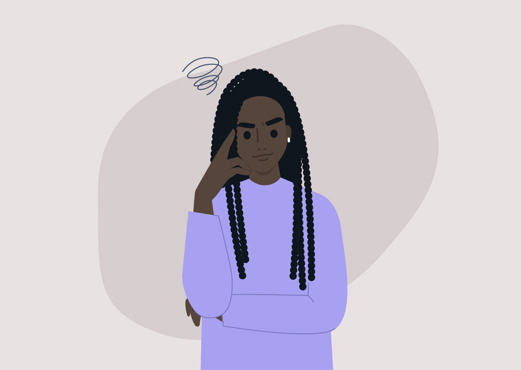 How to get a doctor to take you seriously? An illustration of a Black person with long hair wearing a purple sweater. They are thinking to themselves: what to do when doctors don't take you seriously?