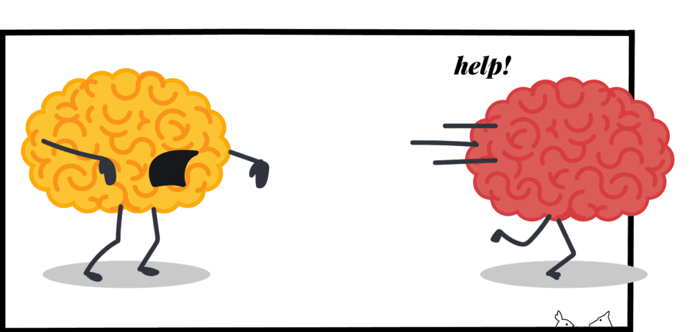 Mental health magazine submissions: a cartoon illustration of two brains with little legs and arms. The yellow brain on the left is chasing a red brain on the right who is yelling put, 