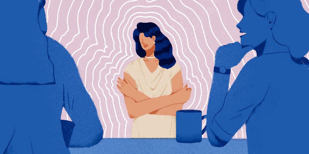 Illustration on the positive benefits of having difficult conversations. A talking woman is in the middle of the illustration radiating positivity. Sitting opposite her are two people actively listening.
