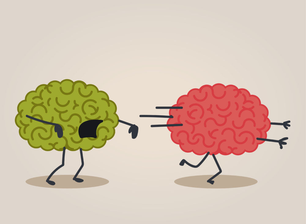 Cartoon of two brains; one green and one red. The red brain is running away from the green brain. Cartoon for an article on fuck the stigma of bipolar.