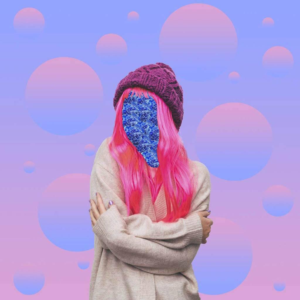 A contemporary art collage of girl with pink hair and floral pattern instead of a face in the background of bubbles. Featured image for article exploring disability and polyamory.