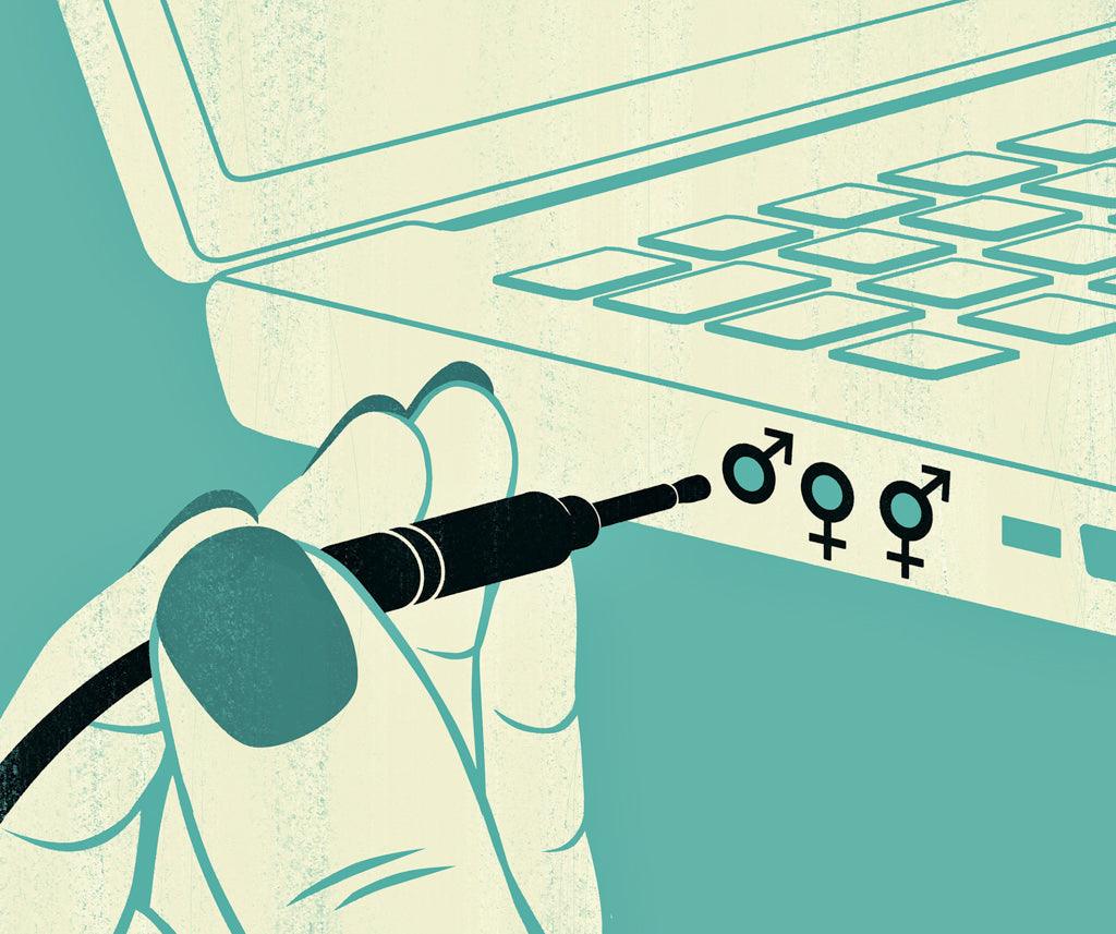 This is an illustration of a hand holding the jack of a headphone about to plug it into a laptop socket. 
