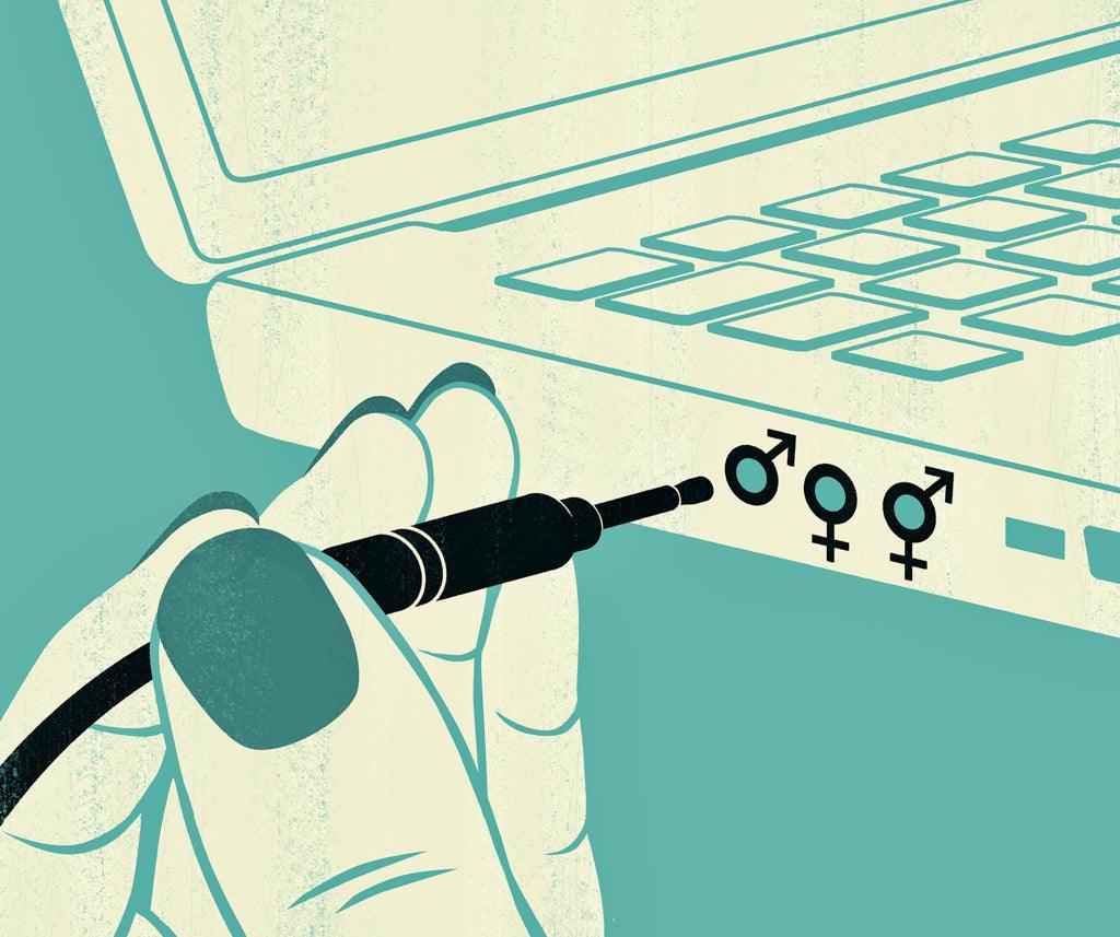 Illustration of a hand holding an audio plug beside a laptop displaying gender symbols.