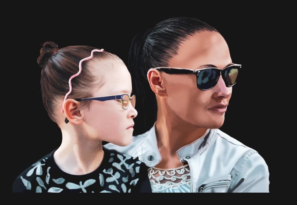Growing up disabled with a single mom: a realistic illustration of a daughter and their mom. The image is for an article: 