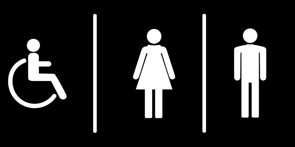 Black and White graphic with bathroom symbols for male, female and wheelchair user. Image for a short story about another an accessible toilet that wasn't.