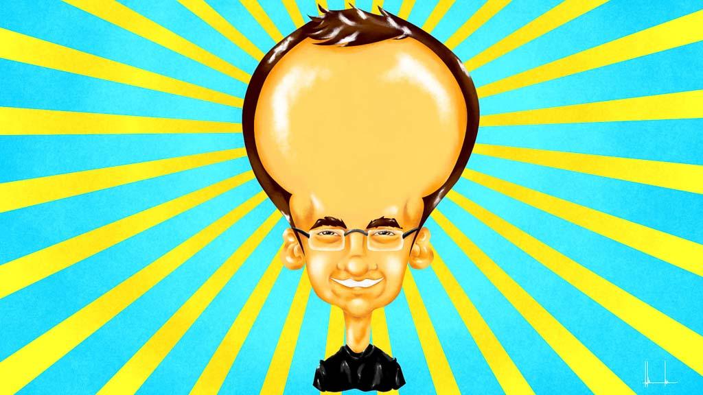 A cartoon like illustration of a life-long student whose head is enlarged because it is filled with knowledge. Yellow beams of light radiate from the head to indicate the passing of knowledge to others.
