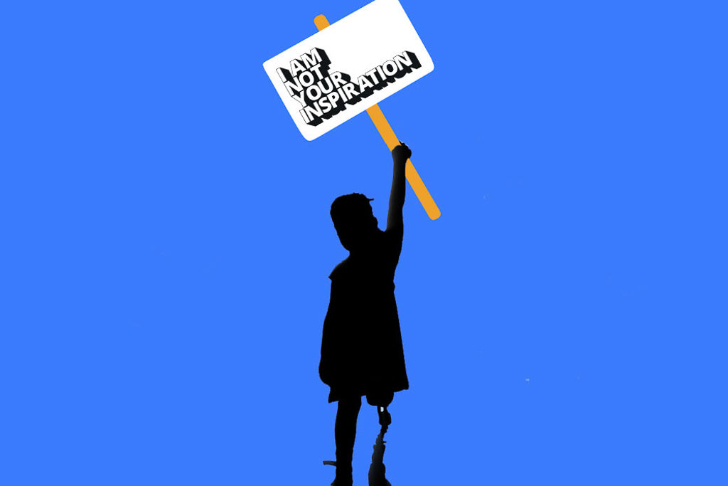 Image for article on disabled daughter - inspiration porn. Graphic collage of child with lower limb prosthesis in black silhouette against a bright blue background. The child carries a placard that says 