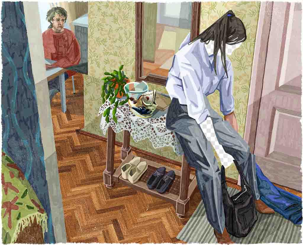 A graphic illustration of living with myasthenia gravis is like. A woman sits on a side table in the hallway of her house, her face and arm invisible, exhausted, because she has had too much activity.