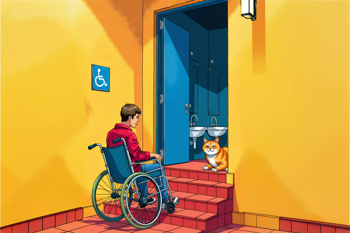 A wheelchair user faces stairs leading to a restroom marked as 'accessible,' while a cat comfortably sits inside. Highlights restroom accessibility failures.