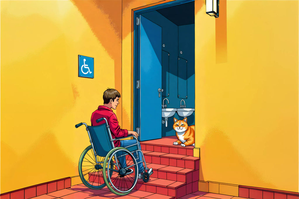 A wheelchair user faces stairs leading to a restroom marked as 'accessible,' while a cat comfortably sits inside. Highlights restroom accessibility failures.