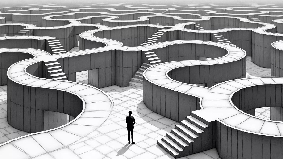 A lone figure stands among winding raised paths and stairways in a black-and-white illustration.
