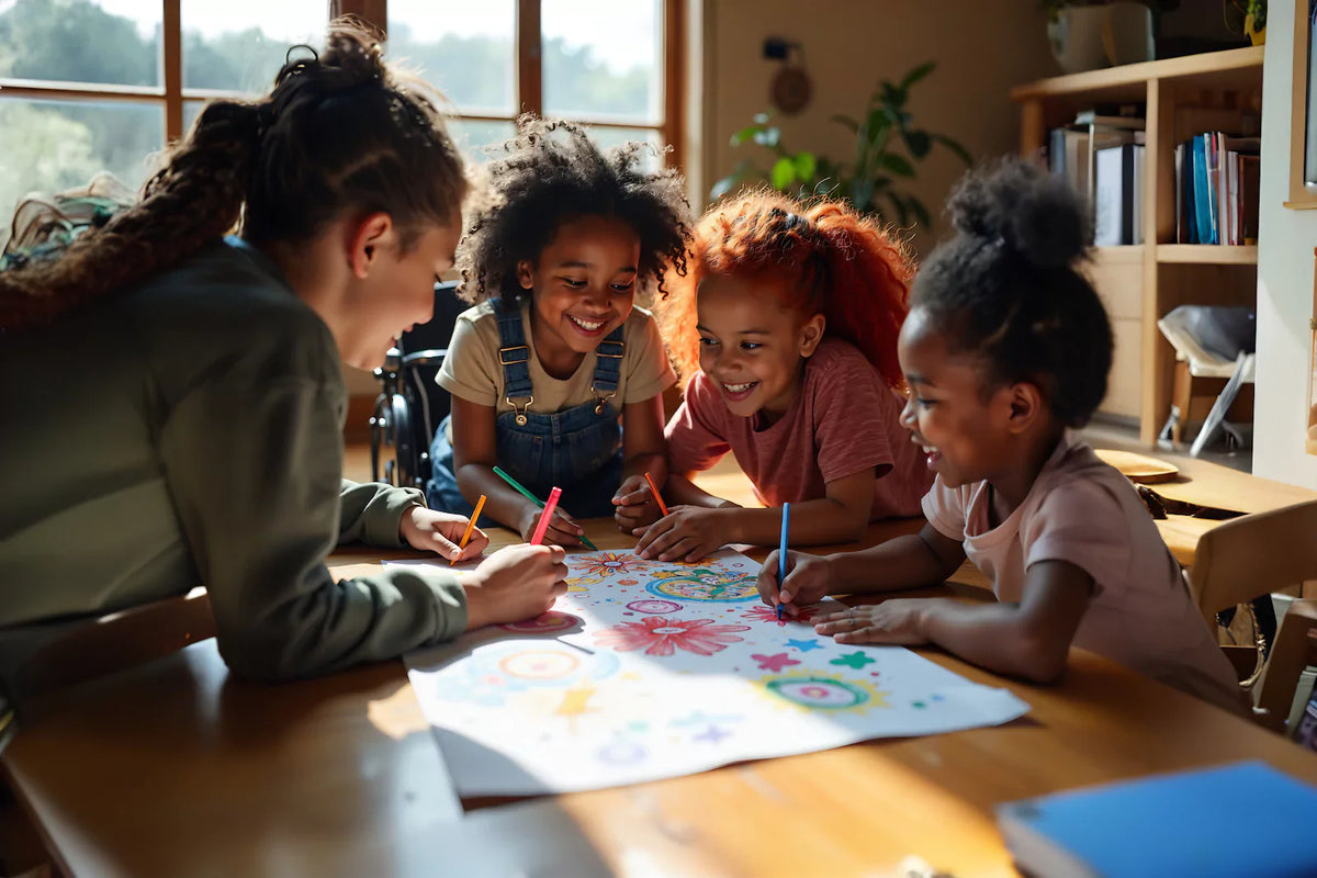 A diverse group of young children, including one using a wheelchair, laughing and collaborating on a vibrant art project together at a sunlit classroom table—celebrating creativity, inclusion, and the idea that not all disabilities are visible.