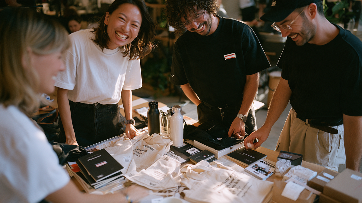 Employees gathered around a table of tote bags, drink bottles, notebooks and other corporate gift items.