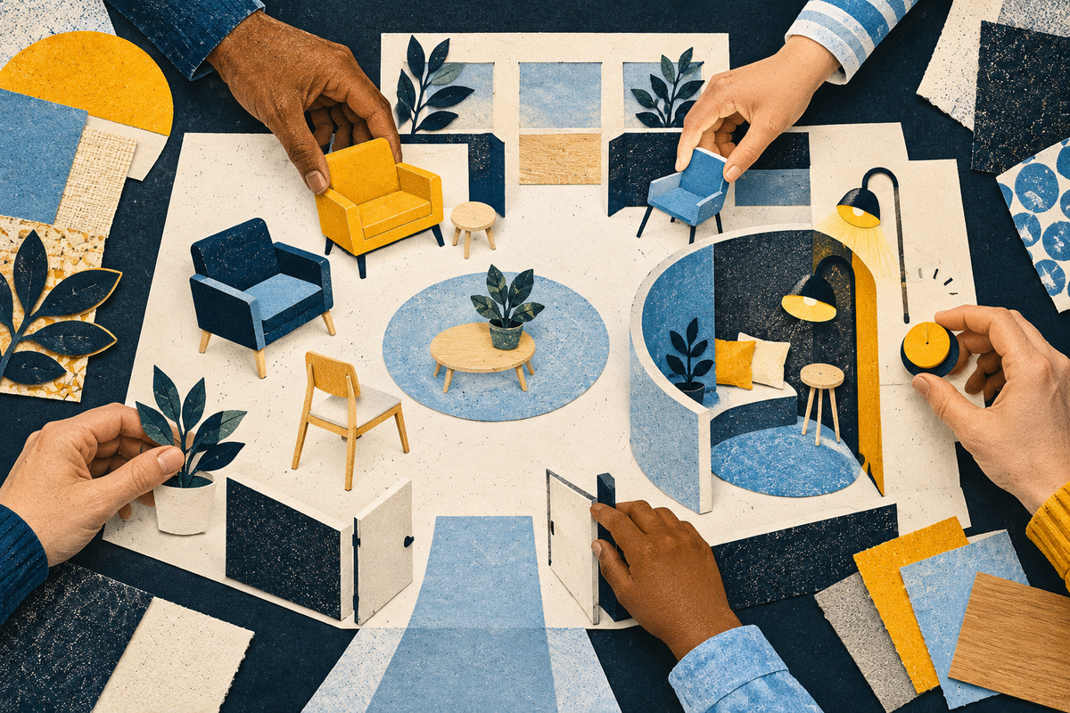 Hands arrange chairs, plants, lighting and a quiet alcove in a paper model of a shared room.