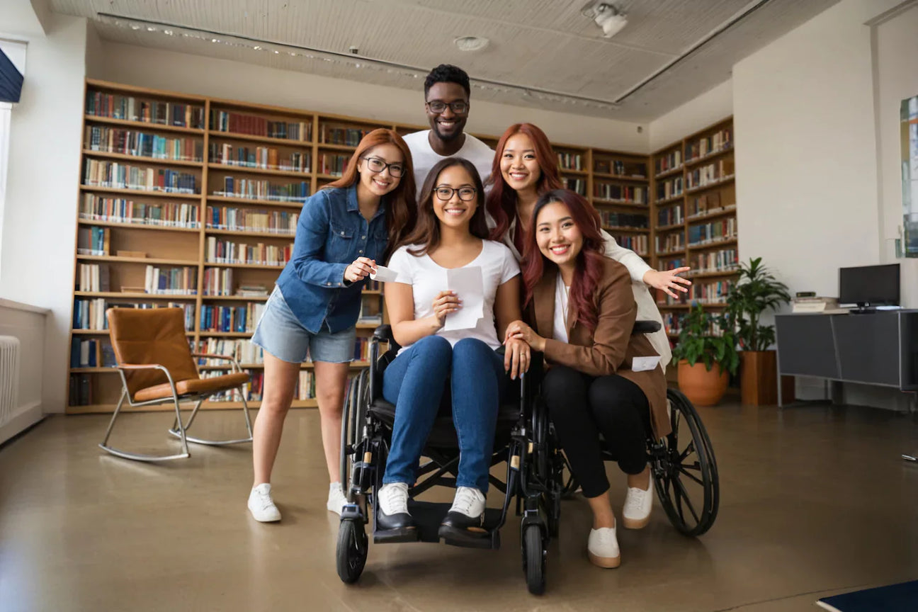 Smiling diverse group of young professionals, including two women using wheelchairs, collaborating in a modern library-style office.