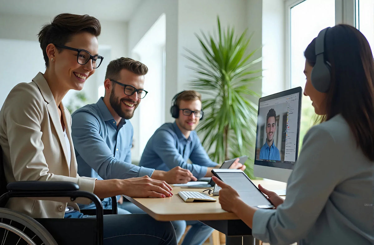 A diverse, accessible office environment showing disabled and non-disabled employees using assistive technology like laptops, tablets, and screen readers.