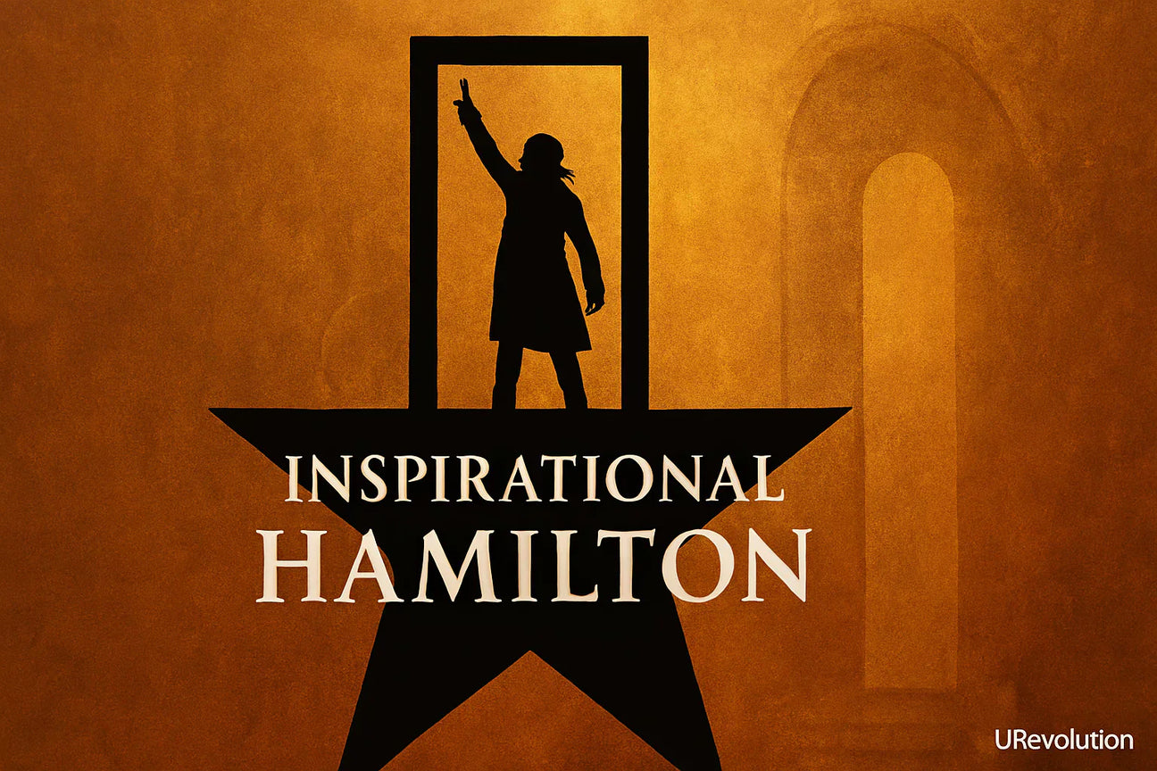 Silhouette of Alexander Hamilton standing confidently in a doorway atop a black star, with one arm raised, against a warm, textured background. The words “Inspirational Hamilton” appear boldly beneath the star.