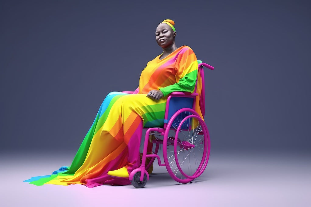 Showcasing disability pride merchandise: Black queer disabled, lesbian in rainbow colours in wheelchair highlights intersection of LGBT Pride Month and Disability Pride Month