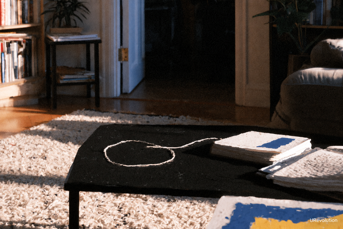A thread forms a loose loop across a dark table beside notebooks in a quiet room.