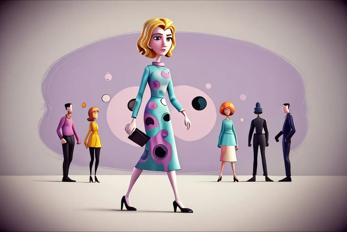 Pop-art illustration of a woman walking through a crowd, representing disability that may not be apparent to other people.