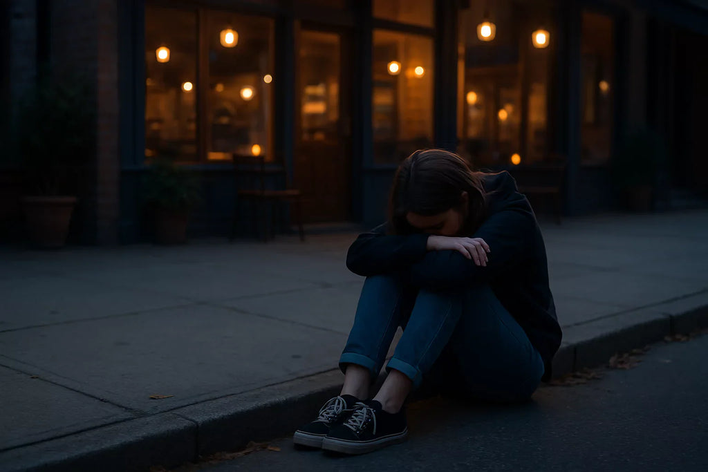 A young woman with an invisible disability and social anxiety sits alone on a sidewalk at dusk in front of a quiet café, head down and arms wrapped around her knees.
