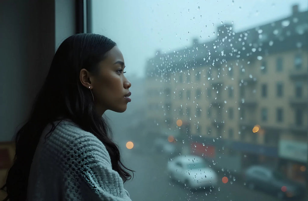 Black woman sitting quietly in a modern apartment, gazing out a rain-covered window, reflecting strength and resilience while living with invisible illness.