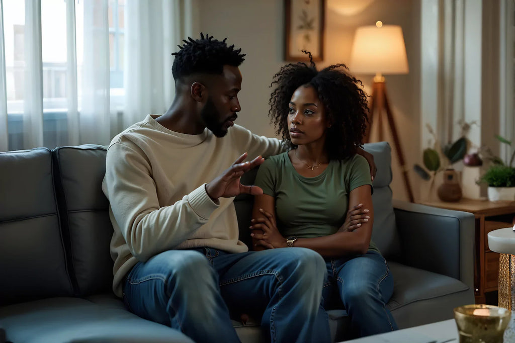 Interracial couple sitting on a couch in a modern living room, facing emotional tension. The man gestures gently while the woman listens with arms crossed.