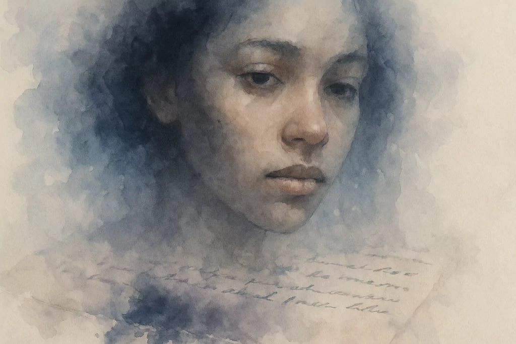 Watercolor painting of a partially obscured biracial woman's face dissolving into soft blues, greys, and muted purples, with blurred handwritten words about depression at the bottom.