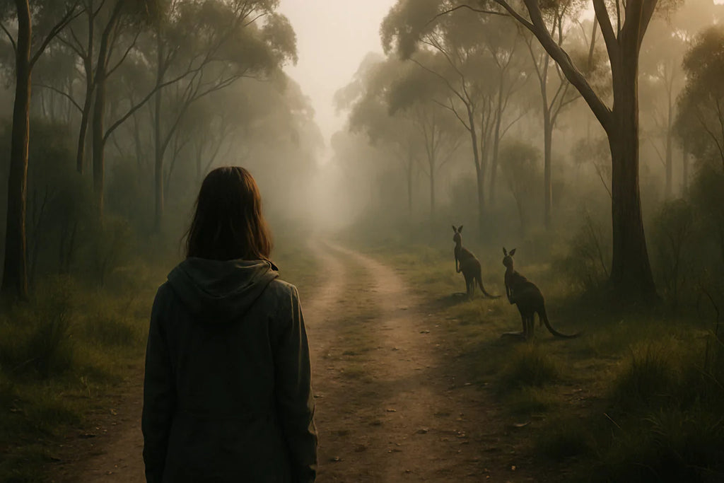 A woman stands alone at the start of a foggy Australian forest trail, with kangaroos nearby and soft light in the distance.