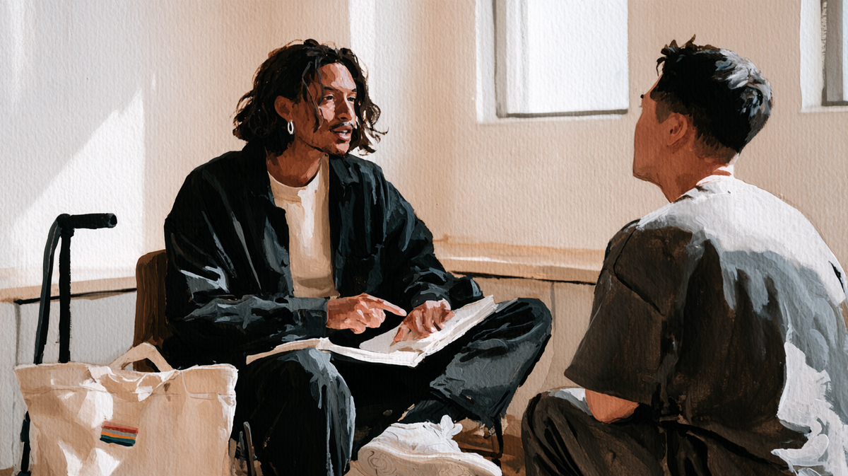 Painted illustration of a seated patient pointing to an open notebook while talking with a clinician.