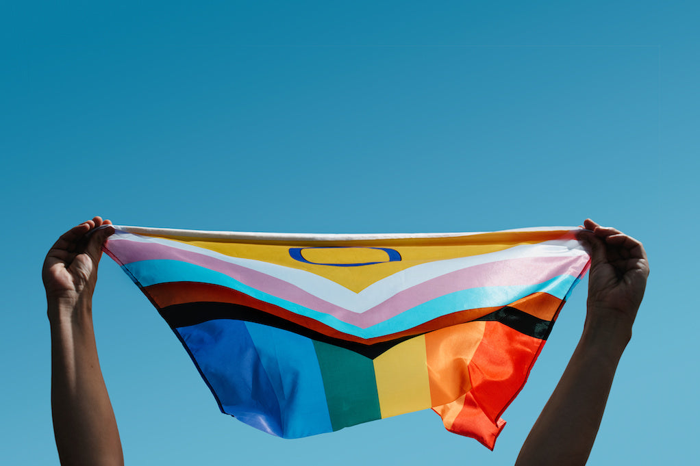 LGBT legal access to healthcare: a photo of two hands holding an intersex-inclusive progress pride flag against a blue sky.
