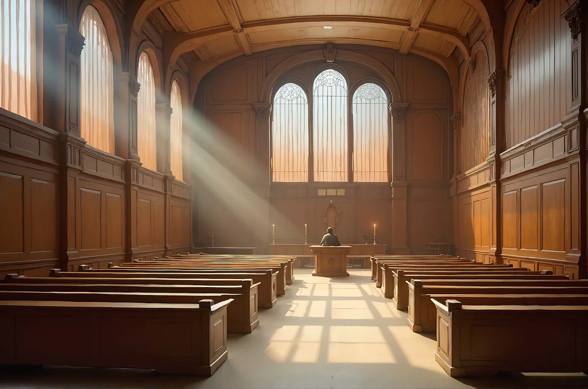 A lone figure at a raised bench in an empty, wood-panelled courtroom, with sunlight falling through tall arched windows.