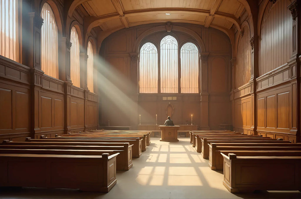 A lone figure sits at a judge’s podium in a vast, empty courtroom, illuminated by soft light through arched windows. The scene evokes isolation, suffering, and the search for justice.