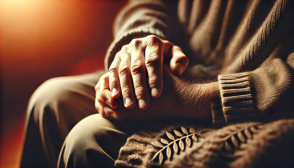A supportive spouse holding the frail hand of their chronically ill partner, symbolizing love, care, and the struggles of chronic illness in marriage.