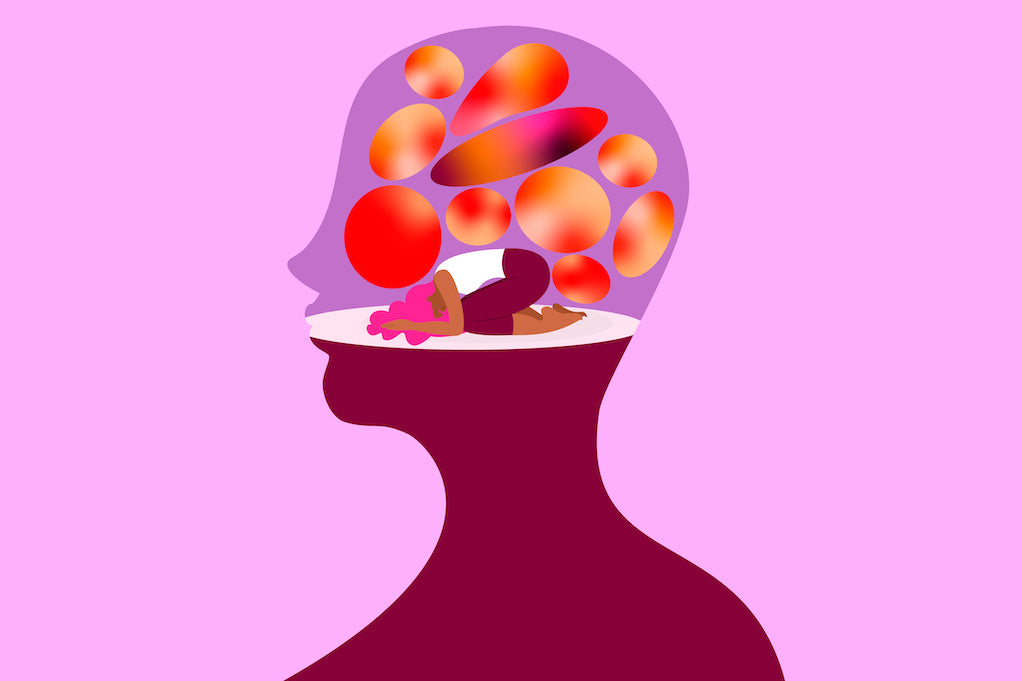 Illustration of a curled-up person inside a purple head silhouette against a pink background.