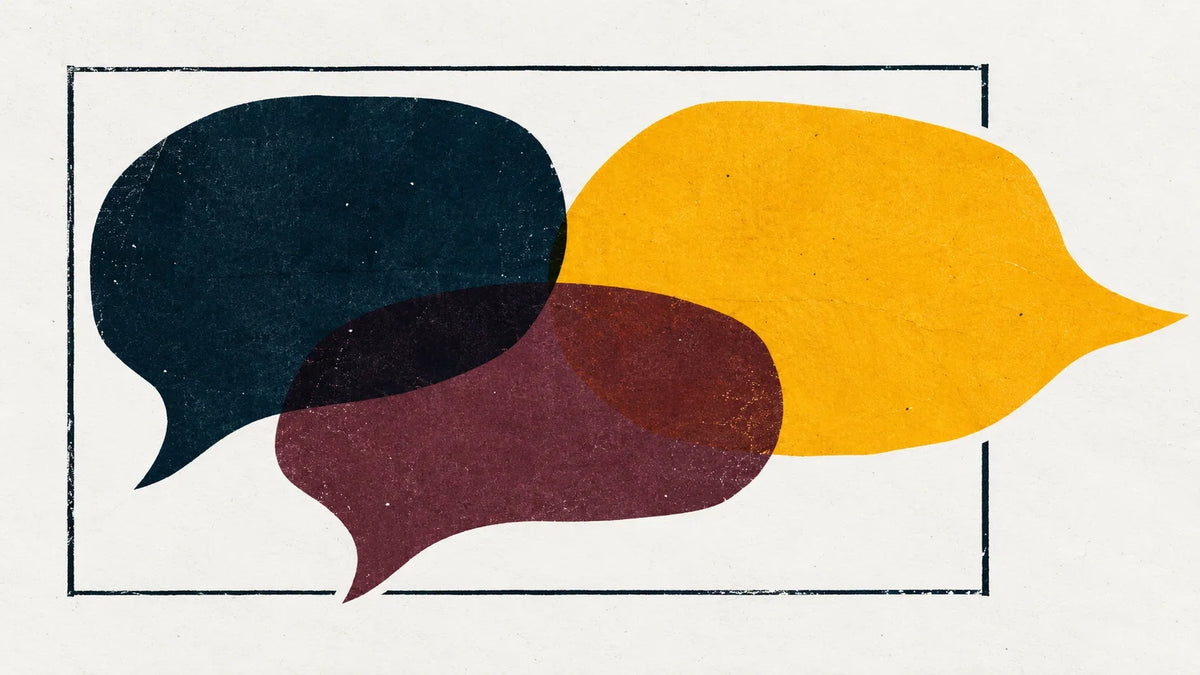 Overlapping navy, yellow and burgundy speech shapes extend beyond an open rectangular frame on a paper-textured background.