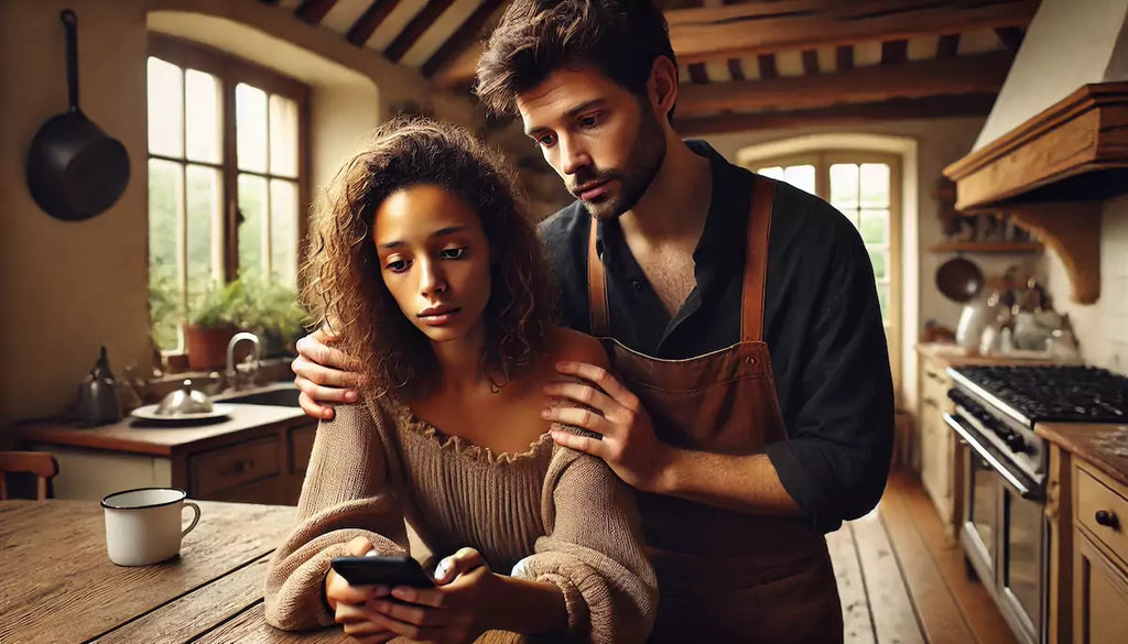 A concerned woman checking her phone in a rustic French farmhouse kitchen, while her supportive husband gently comforts her. A realistic portrayal of living with health anxiety and reassurance in relationships. My wife is a hypochondriac
